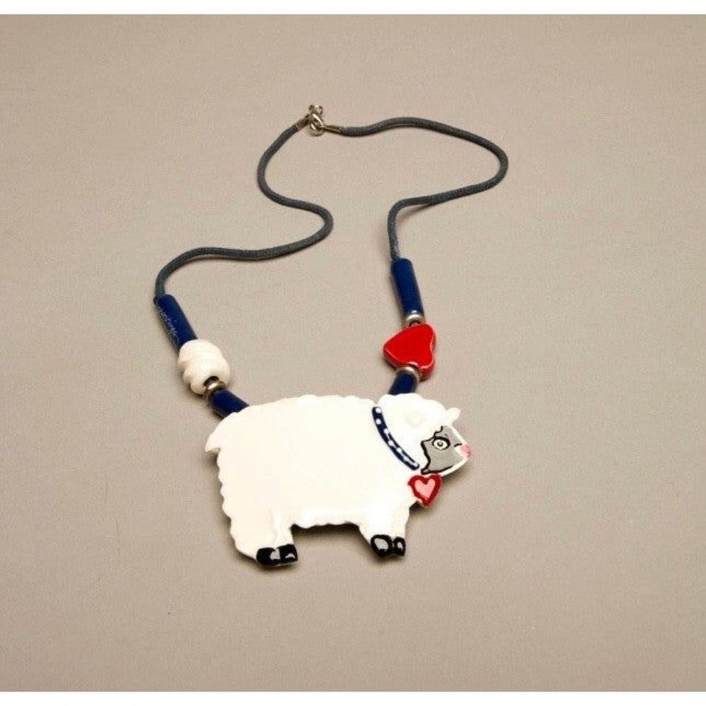 Shoestrings Signed Ceramic Lamb Sheep Figural Vintage Necklace Hand painted